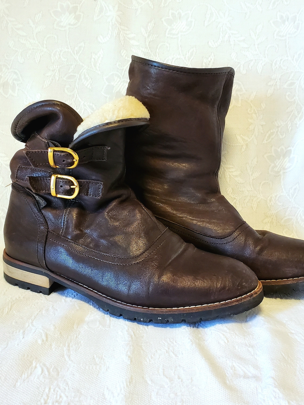 Women's Dark Brown Leather Shearling Buckle Boots